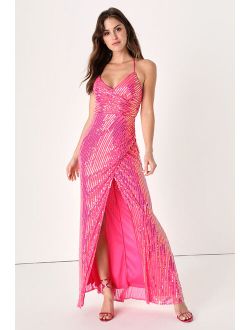 Moment to Sparkle Pink Iridescent Sequin Lace-Up Maxi Dress