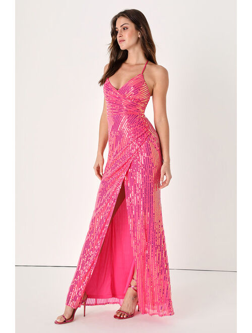 Lulus Moment to Sparkle Pink Iridescent Sequin Lace-Up Maxi Dress