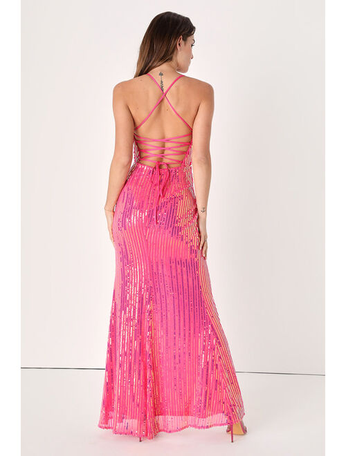 Lulus Moment to Sparkle Pink Iridescent Sequin Lace-Up Maxi Dress
