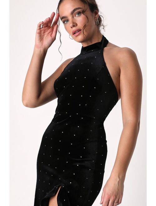 Lulus Enticing Energy Black Velvet Rhinestone Halter High-Low Dress