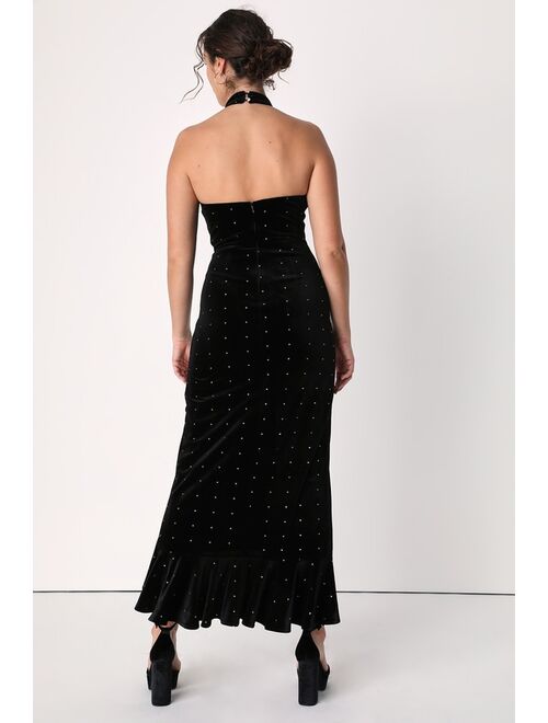 Lulus Enticing Energy Black Velvet Rhinestone Halter High-Low Dress