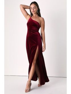 Guest List-Worthy Burgundy Velvet One-Shoulder Maxi Dress