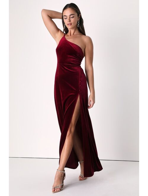 Lulus Guest List-Worthy Burgundy Velvet One-Shoulder Maxi Dress