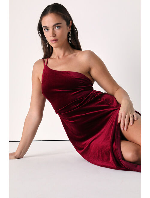 Lulus Guest List-Worthy Burgundy Velvet One-Shoulder Maxi Dress