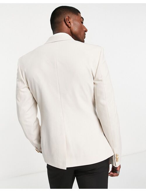 ASOS DESIGN wedding skinny double breasted blazer with gold buttons in patty stone