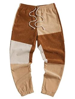 Men's Casual Color Block Drawstring Waist Corduroy Tapered Pants with Pockets