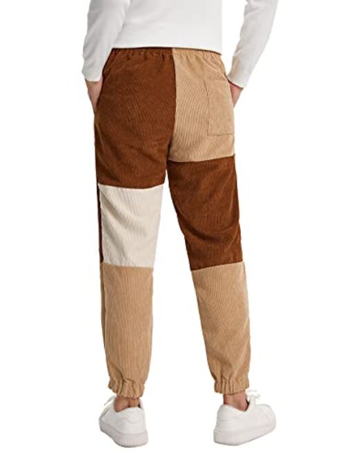 WDIRARA Men's Casual Color Block Drawstring Waist Corduroy Tapered Pants with Pockets