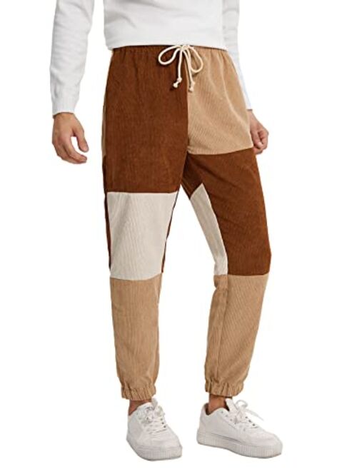 WDIRARA Men's Casual Color Block Drawstring Waist Corduroy Tapered Pants with Pockets