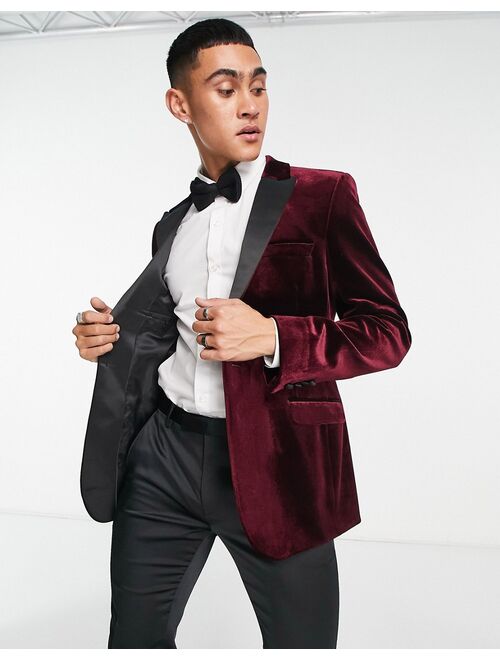 ASOS DESIGN skinny tuxedo blazer in velvet in wine