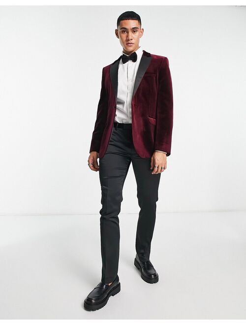 ASOS DESIGN skinny tuxedo blazer in velvet in wine