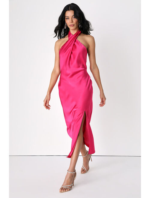 Lulus Beyond Classy Hot Pink Satin Halter Midi Dress