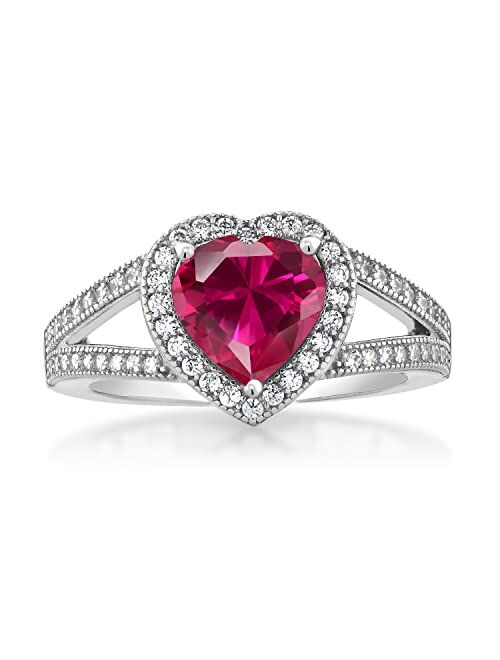 Gem Stone King 925 Sterling Silver Red Created Ruby and Created Moissanite Women Ring (2.41 Cttw, Heart Shape 8MM, Available In Size 5,6,7,8,9)