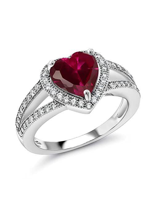 Gem Stone King 925 Sterling Silver Red Created Ruby and Created Moissanite Women Ring (2.41 Cttw, Heart Shape 8MM, Available In Size 5,6,7,8,9)