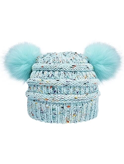 ACTLATI Kids Winter Knitted Beanie Hat Colorful Pompom Ears Ski Hat for Boy Girl(Ages 7-12)