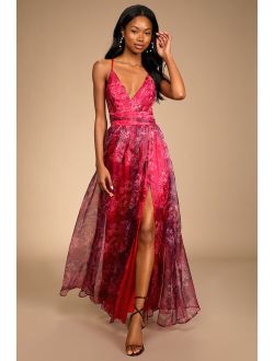 Romance That Wows Magenta Floral Print Organza Maxi Dress