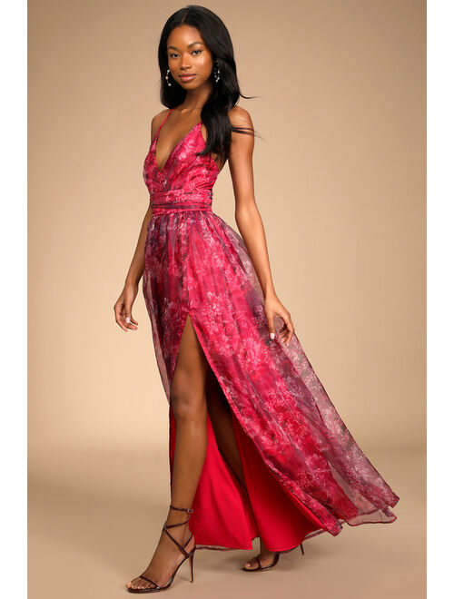 Lulus Romance That Wows Magenta Floral Print Organza Maxi Dress