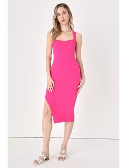 Sweetly Stylish Hot Pink Ribbed Bodycon Midi Dress