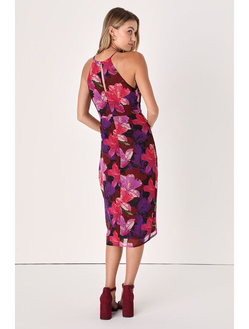 Lulus Delicate Design Burgundy Multi Floral Halter Tulip Midi Dress