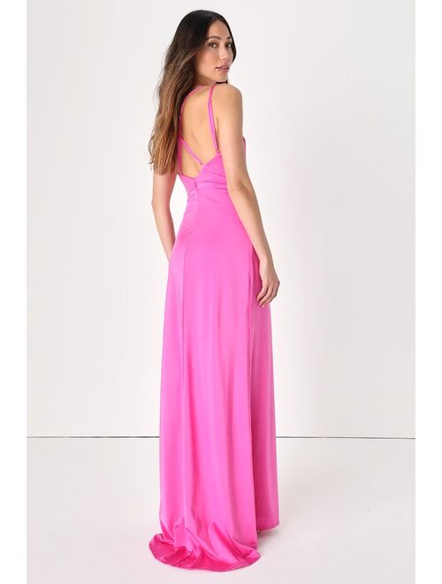 Lulus Outstanding Glam Hot Pink Strappy Backless Mermaid Maxi Dress
