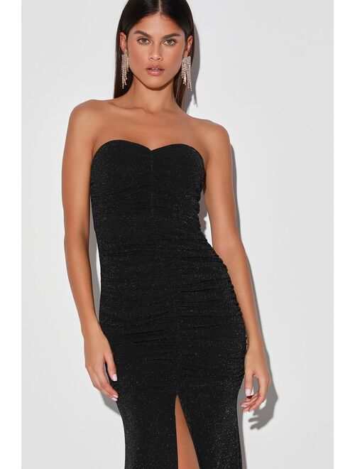 Lulus When Magic Happens Black Glitter Ruched Strapless Maxi Dress