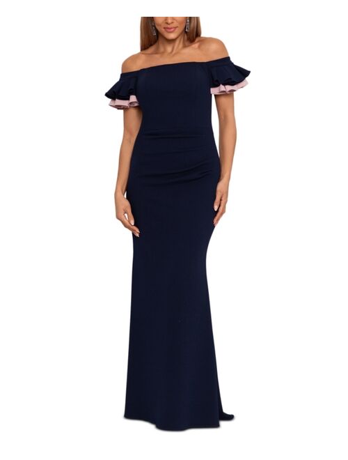Betsy & Adam Women's Off-The-Shoulder Double-Ruffle Gown
