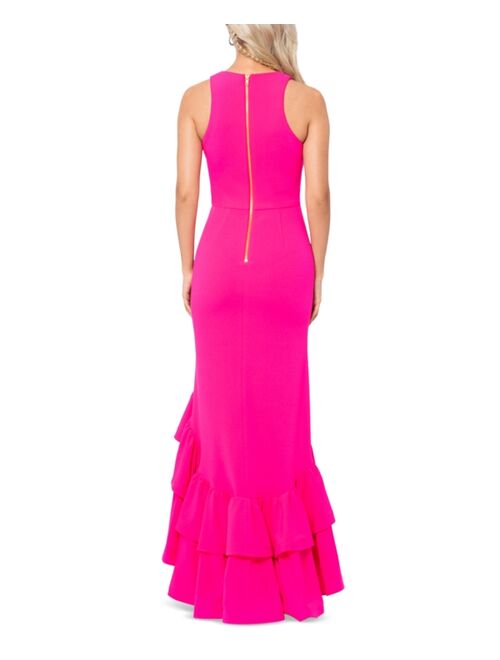 Betsy & Adam Women's V-Neck Ruffled Scuba Crepe Gown