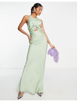 knot front satin maxi dress with tie back detail in sage