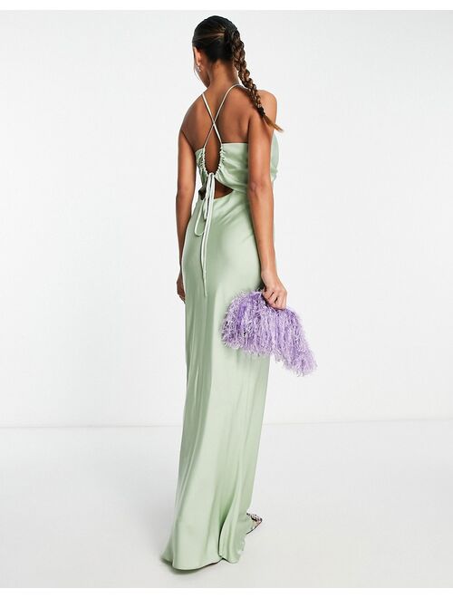 ASOS DESIGN knot front satin maxi dress with tie back detail in sage