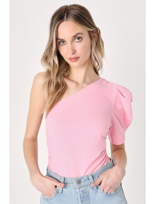 Free People Somethin Bout You Light Pink Puff Sleeve One-Shoulder Bodysuit