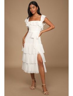 Dear To My Heart White Swiss Dot Tiered Ruffled Midi Dress