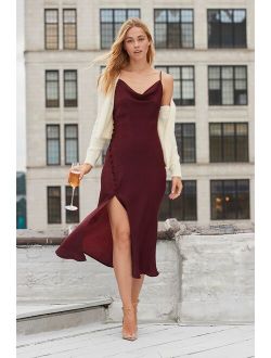Slinking Out Loud Burgundy Satin Side Button Slip Dress