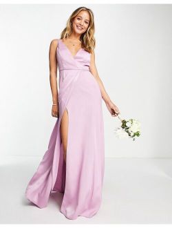 Bridesmaids satin wrap maxi dress with tie detail in lilac