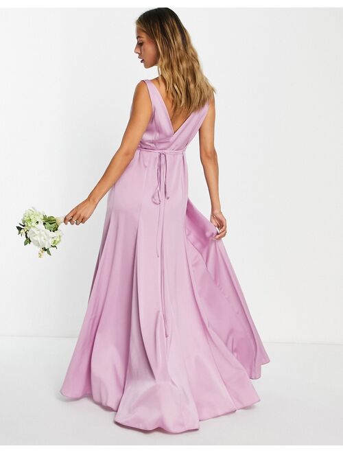ASOS DESIGN Bridesmaids satin wrap maxi dress with tie detail in lilac