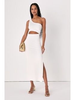 Spice Things Up Ivory Ribbed One-Shoulder Cutout Midi Dress