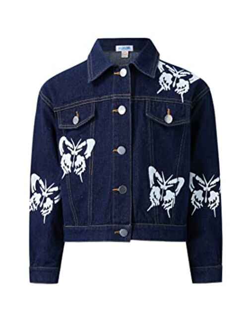 Kukume Girl Denim Jacket Long Sleeve Butterfly Print Metal Buttons Jean Jacket For Girl 3-12 Years