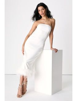 Feather Late Than Never White Strapless Feather Midi Dress