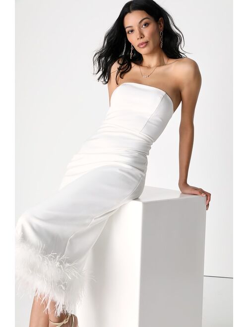 Lulus Feather Late Than Never White Strapless Feather Midi Dress