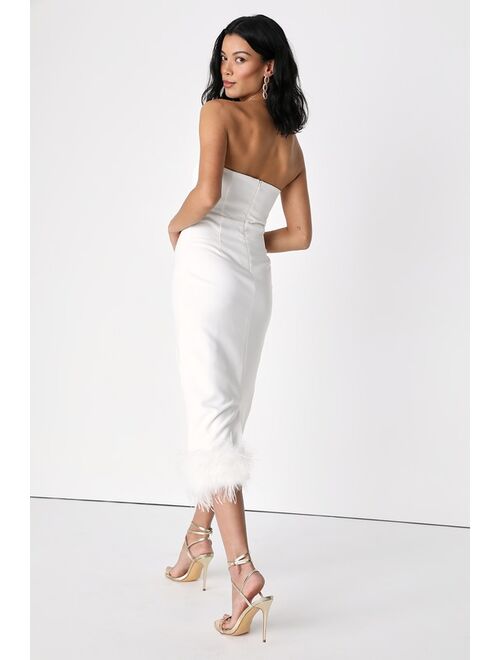 Lulus Feather Late Than Never White Strapless Feather Midi Dress
