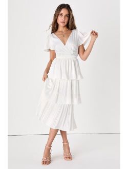 Twirl-wind Romance White Satin Tiered Midi Dress