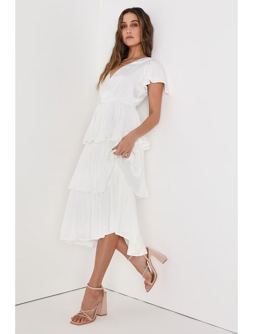 Lulus Twirl-wind Romance White Satin Tiered Midi Dress