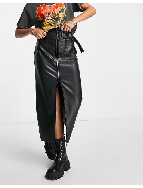 ASOS DESIGN faux leather belted midi skirt with zip detail in black