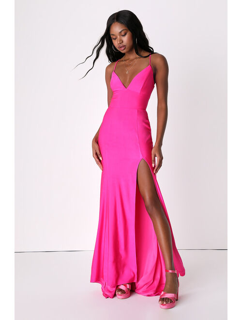 Lulus Divine Desires Hot Pink Satin Lace-Up Mermaid Maxi Dress