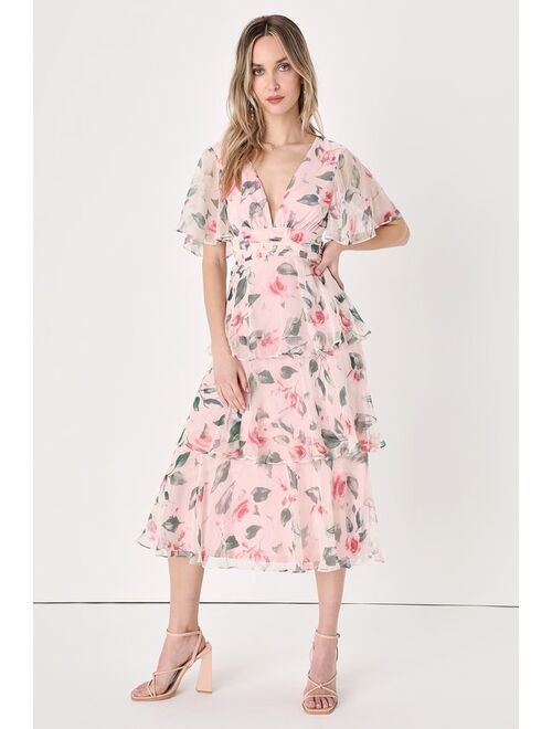 Lulus Marvelous Charm Blush Floral Flutter Sleeve Tiered Midi Dress