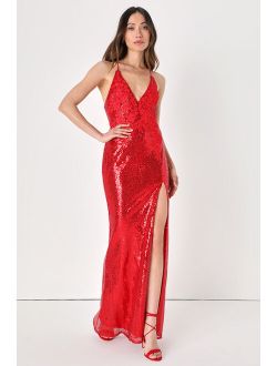 I've Got to Glow Red Sequin Lace-Up Mermaid Maxi Dress