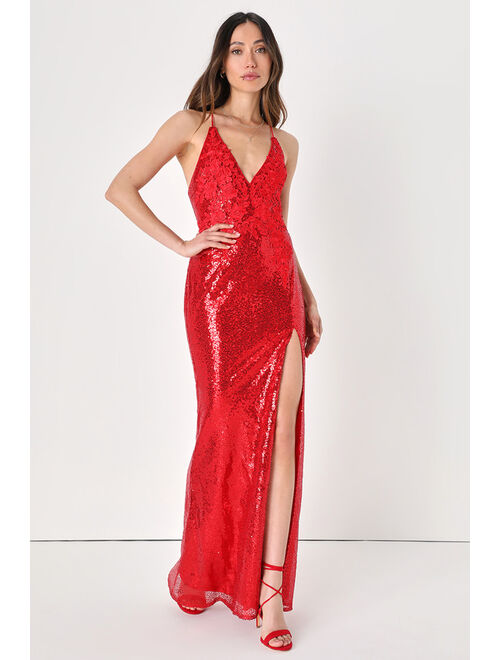 Lulus I've Got to Glow Red Sequin Lace-Up Mermaid Maxi Dress