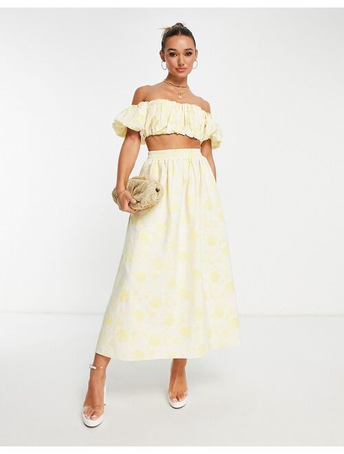 ASOS EDITION midi skirt with elastic waist in yellow floral jacquard
