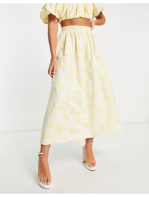 ASOS EDITION midi skirt with elastic waist in yellow floral jacquard