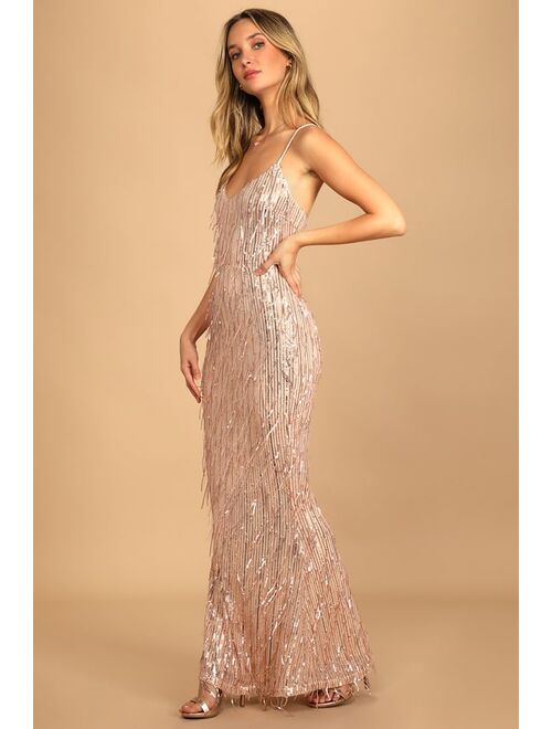 Lulus Endless Festivities Rose Gold Sequin Fringe Lace-Up Maxi Dress