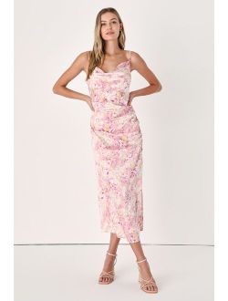 Truest Romance Pink Floral Print Sleeveless Ruched Midi Dress
