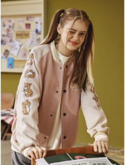 Bear And Letter Embroidery Raglan Sleeve Bomber Jacket